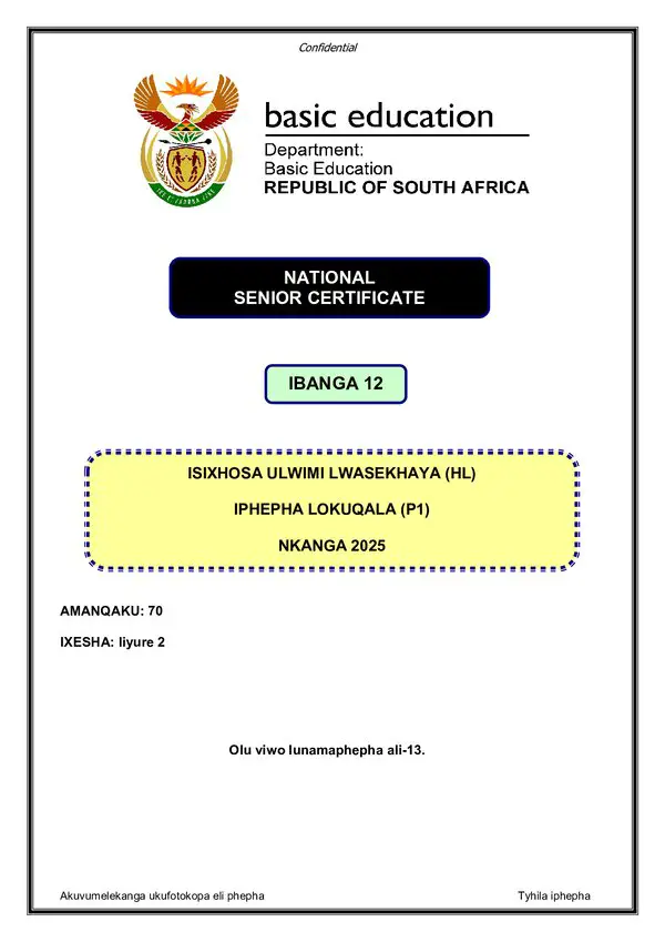 Grade 12 isiXhosa past paper 2025 – IsiXhosa HL P1