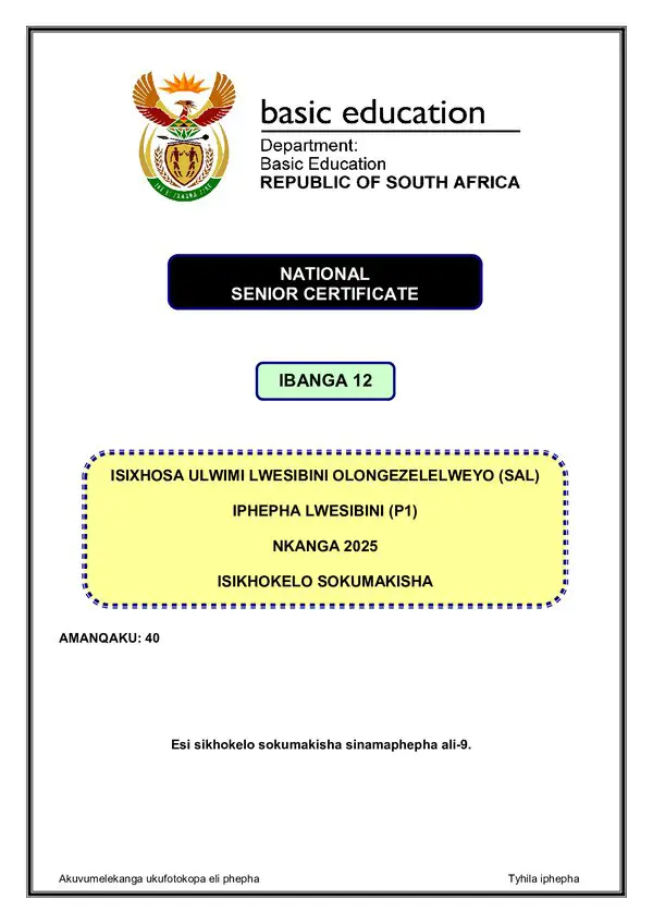 Grade 12 isiXhosa past paper 2025 – IsiXhosa SAL P1 memo