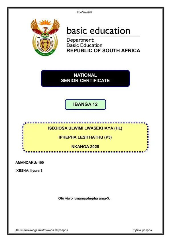 Grade 12 isiXhosa past paper 2025 – IsiXhosa HL P3