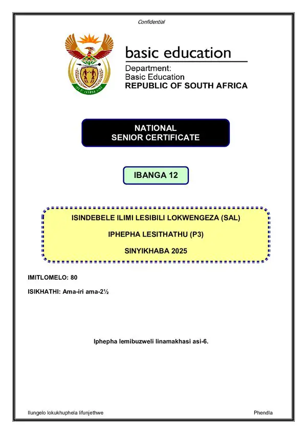 Grade 12 isiNdebele past paper 2025 – IsiNdebele SAL P3
