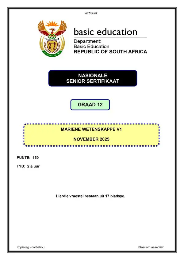 Grade 9 Afrikaans past paper 2025 – Marine Sciences Paper 1 (Afrikaans)
