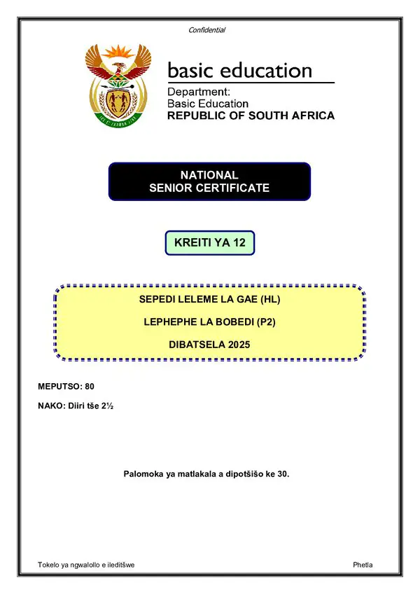 Grade 12 Sepedi past paper 2025 – Sepedi HL P2