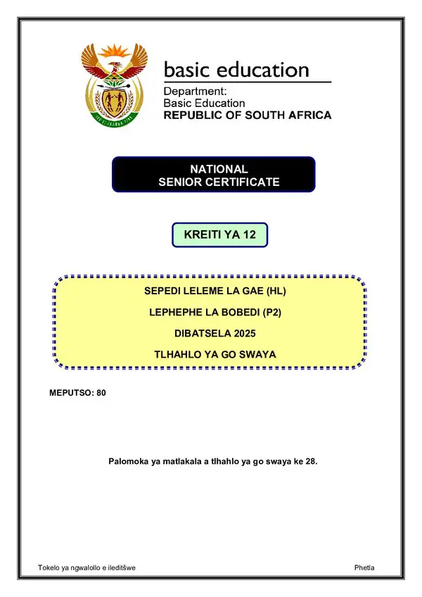 Grade 12 Sepedi past paper 2025 – Sepedi HL P2 memo