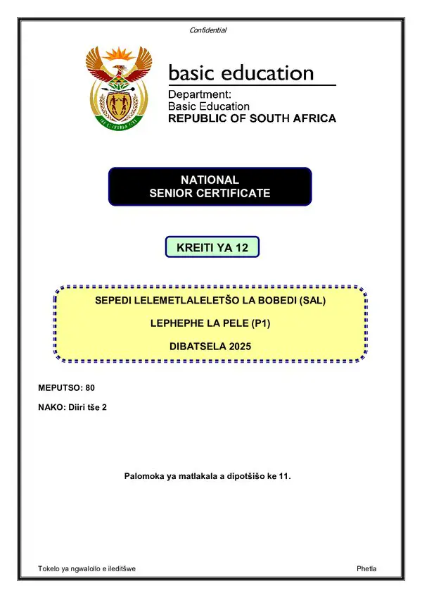 Grade 12 Sepedi past paper 2025 – Sepedi SAL P1