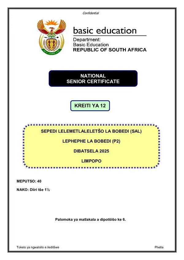 Grade 12 Sepedi past paper 2025 – Sepedi SAL P2 Limpopo