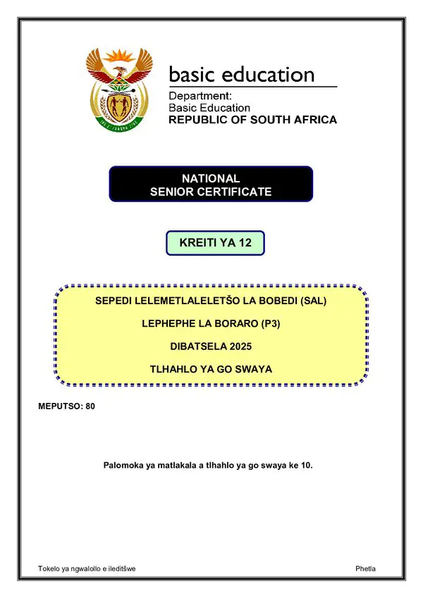 Grade 12 Sepedi past paper 2025 – Sepedi SAL P3 memo