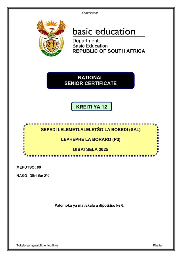 Grade 12 Sepedi past paper 2025 – Sepedi SAL P3