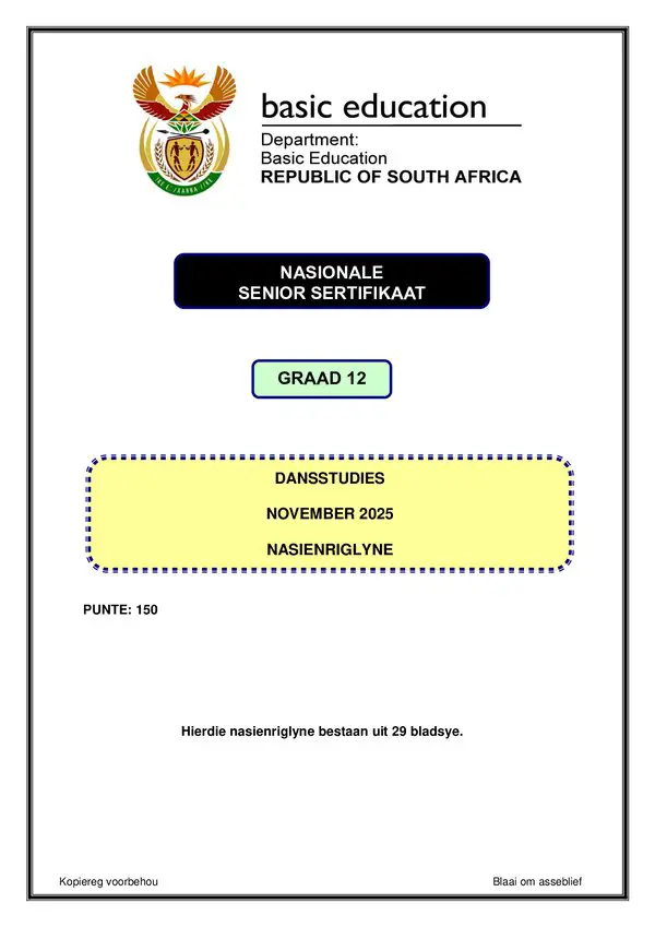 Grade 12 Afrikaans past paper 2025 – Dance Studies Memo 1 (Afrikaans)
