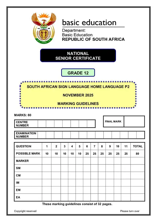 Grade 12 South African Sign Language past paper 2025 – South African Sign Language Final SASL HL Memo 2