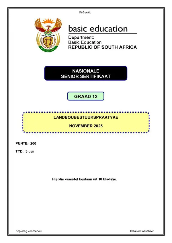 Grade 12 Afrikaans past paper 2008 – Agricultural Management Practices Paper 1 (Afrikaans)