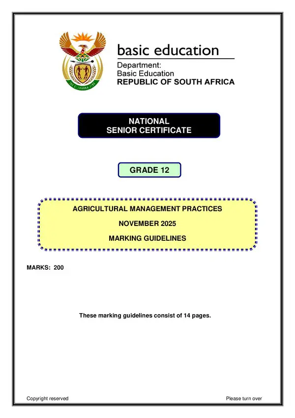 Grade 12 English past paper 2025 – Agricultural Management Practices Memo 1 (English)
