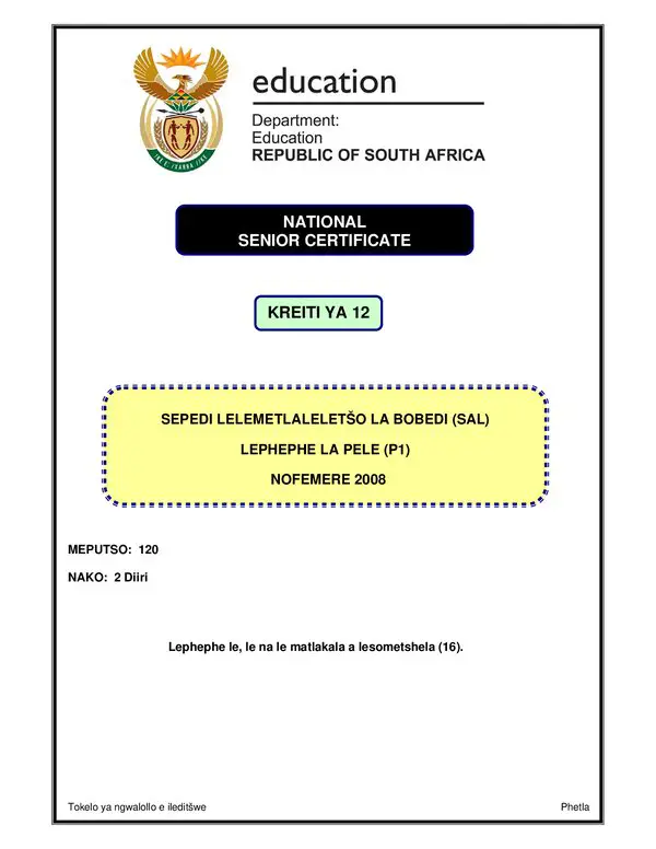 Grade 12 Sepedi past paper 2006 – Sepedi SAL P1 (Limpopo)