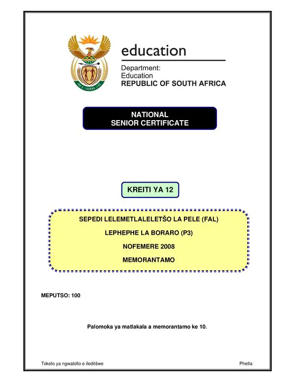 Grade 12 Sepedi past paper 2008 – Sepedi FAL P3 rubric