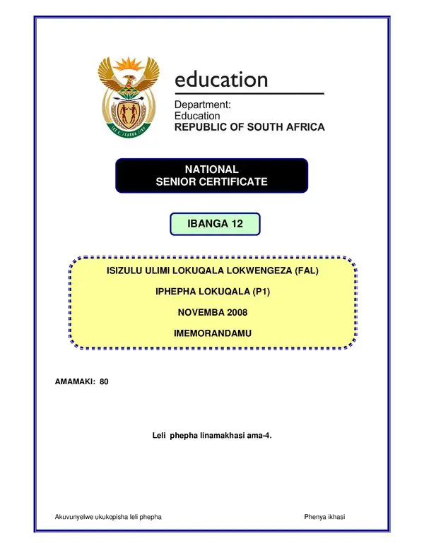 Grade 12 isiZulu past paper 2008 – IsiZulu FAL P1 memo