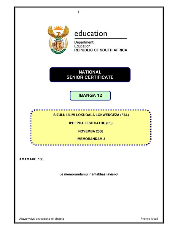 Grade 12 isiZulu past paper 2008 – IsiZulu FAL P3 memo