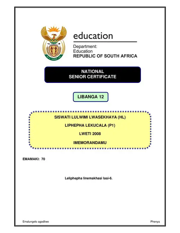 Grade 12 Siswati past paper 2008 – Siswati HL P1 memo