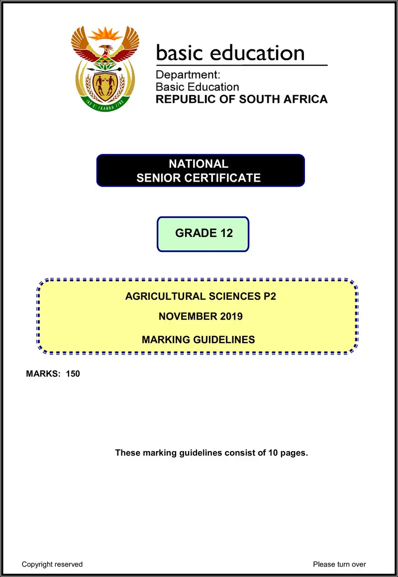 Grade 12 Agricultural Sciences past paper 2019 – agricultural sciences p2 nov 2019 memo eng gr12