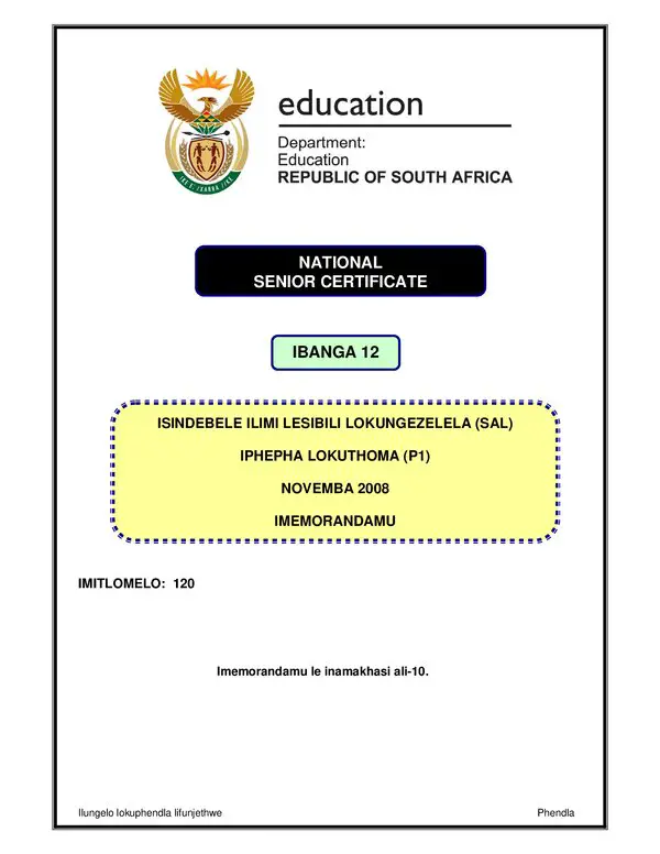 Grade 12 isiNdebele past paper 2008 – Isindebele SAL P1 (Gauteng) memo