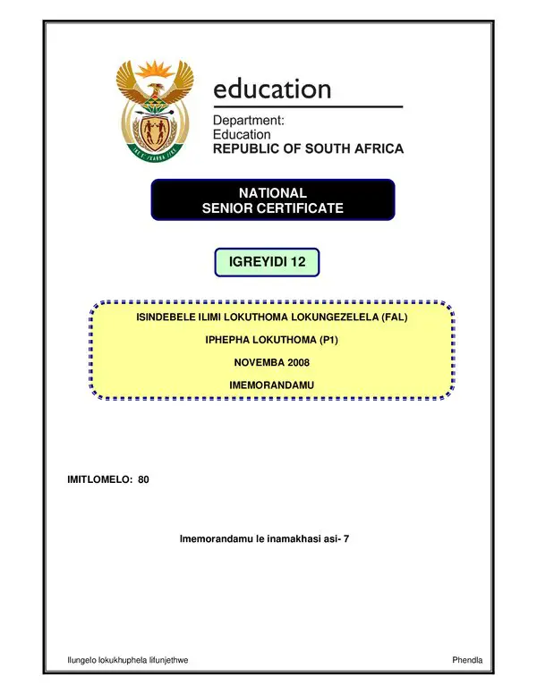 Grade 12 isiNdebele past paper 2008 – Isindebele FAL P1 memo