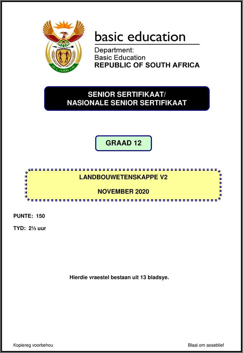 Grade 12 Agricultural Sciences past paper 2020 – agricultural sciences p2 nov 2020 afr gr12