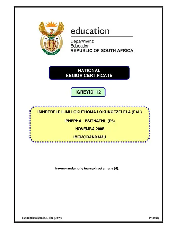 Grade 12 isiNdebele past paper 2008 – Isindebele FAL P3 memo