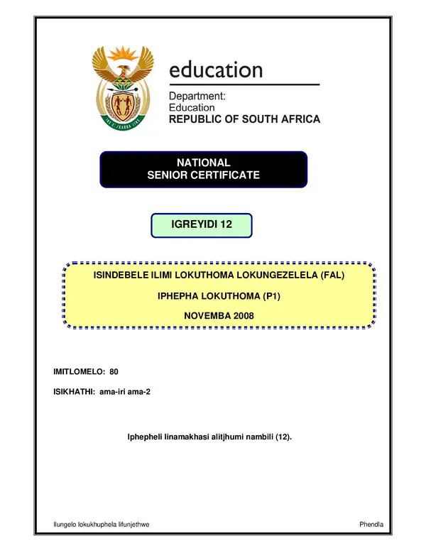 Grade 12 isiNdebele past paper 2008 – Isindebele FAL P1