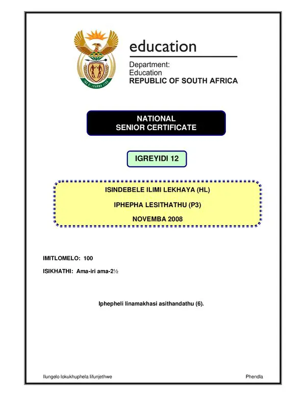 Grade 12 isiNdebele past paper 2008 – Isindebele HL P3