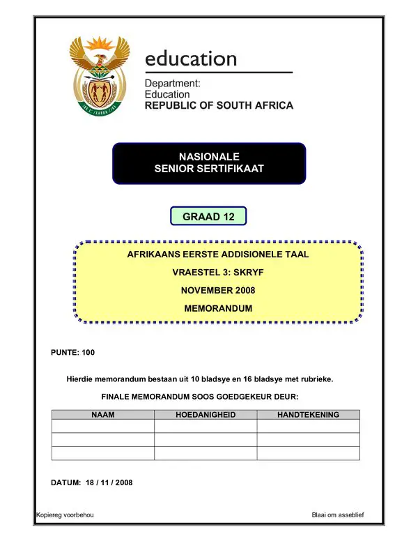 Grade 12 Afrikaans past paper 2008 – Afrikaans FAL P3 memo