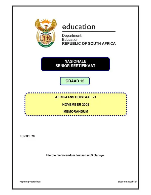 Grade 12 Afrikaans past paper 2008 – Afrikaans HL P1 memo