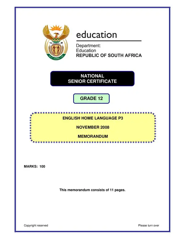 Grade 12 English past paper 2008 – English HL P3 memo