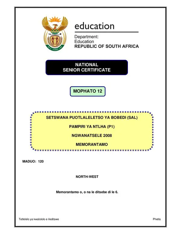 Grade 12 Setswana past paper 1996 – Setswana SAL P1 (North West) memo