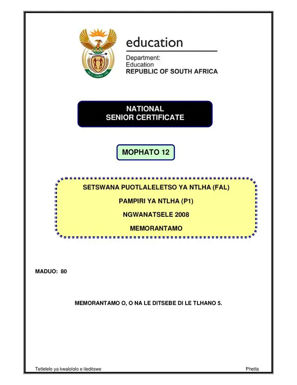 Grade 12 Setswana past paper 2008 – Setswana FAL P1 memo