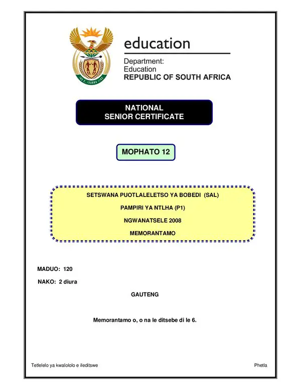 Grade 12 Setswana past paper 1996 – Setswana SAL P1 (Gauteng) memo
