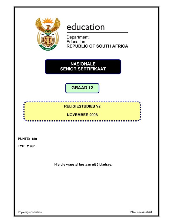 Grade 12 Afrikaans past paper 2008 – Religious Studies P2 Afrikaans