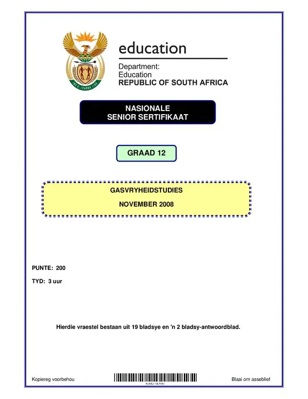 Grade 12 Afrikaans past paper 2008 – Hospitality Studies P1 Afrikaans