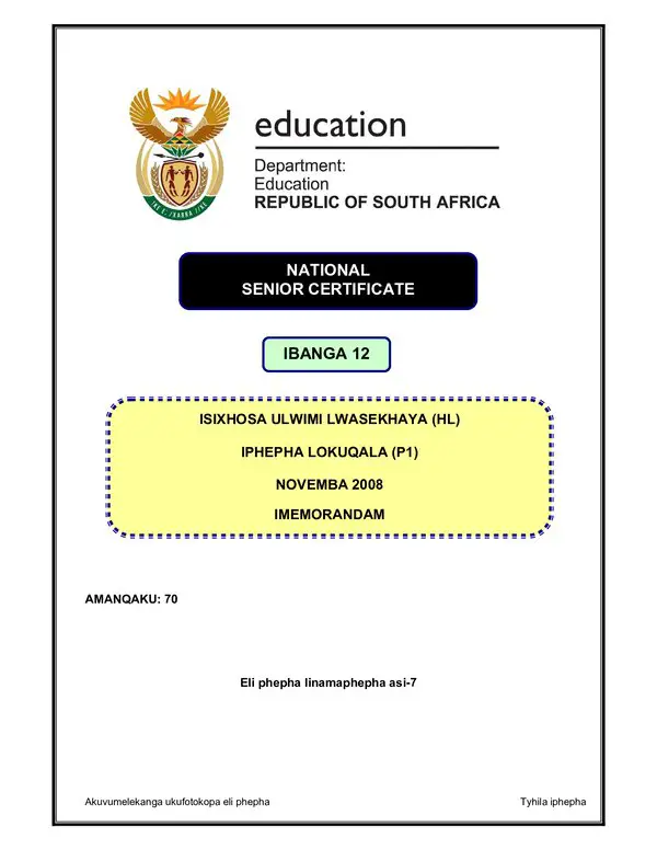 Grade 12 isiXhosa past paper 2008 – IsiXhosa IsXhosa HL P1 memo