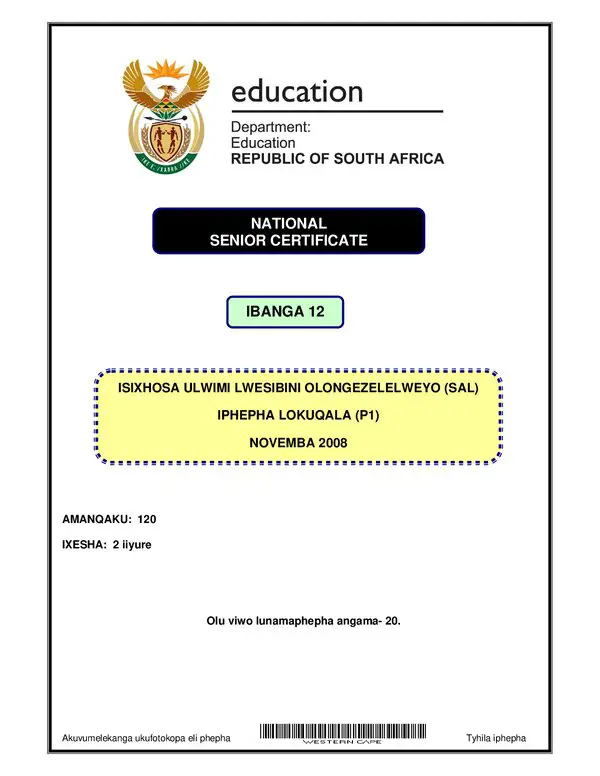 Grade 12 isiXhosa past paper 2007 – IsiXhosa IsXhosa SAL P1 (Western Cape)