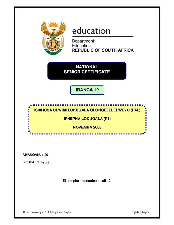 Grade 12 isiXhosa past paper 1998 – IsiXhosa IsXhosa FAL P1