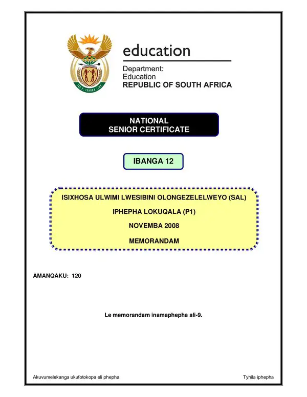 Grade 12 isiXhosa past paper 2008 – IsiXhosa IsXhosa SAL P1 (Western Cape) memo