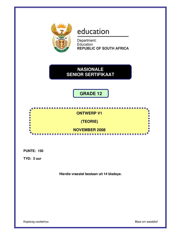 Grade 12 Afrikaans past paper 2001 – Design Theory P1 Afrikaans
