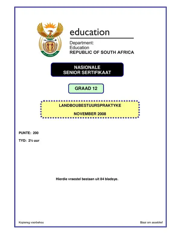 Grade 12 Afrikaans past paper 1993 – Agricultural Mangement Practices Agricultural Management Practices P1 Afrikaans