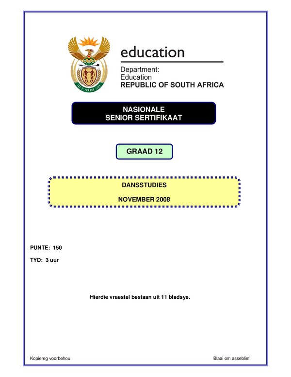 Grade 12 Afrikaans past paper 2008 – Dance Studies P1 Afrikaans