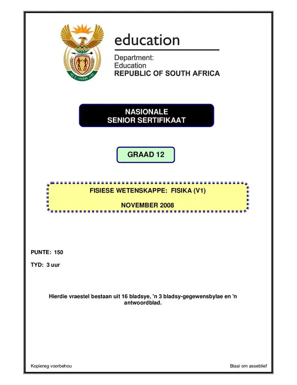 Grade 12 Afrikaans past paper 2008 – Physical Science P1 Afrikaans