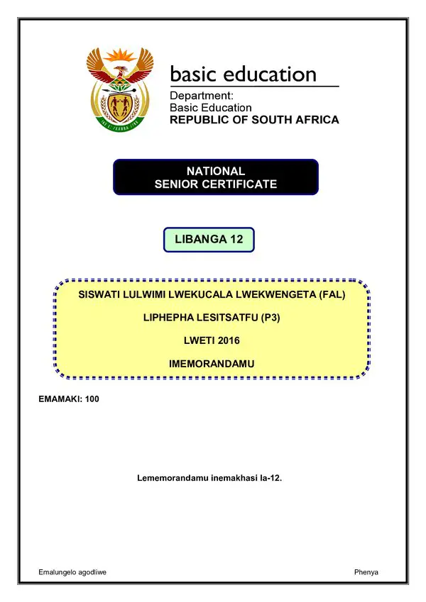 Grade 12 Siswati past paper 2016 – Siswati FAL P3 memo