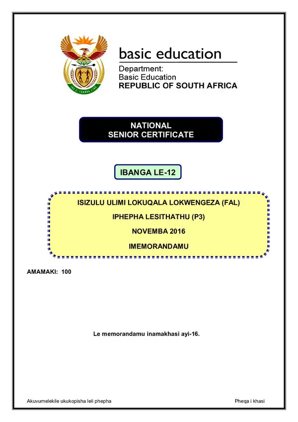 Grade 12 isiZulu past paper 2016 – IsiZulu FAL P3 memo