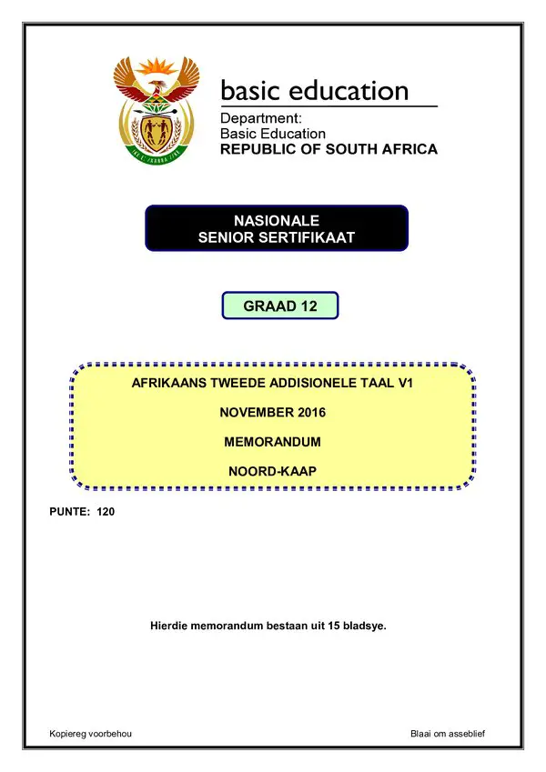 Grade 12 Afrikaans past paper 2016 – Afrikaans SAL P1 memo (Northern Cape)