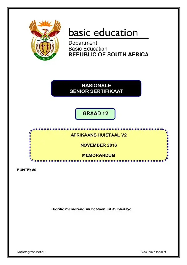 Grade 12 Afrikaans past paper 2016 – Afrikaans HL P2 memo