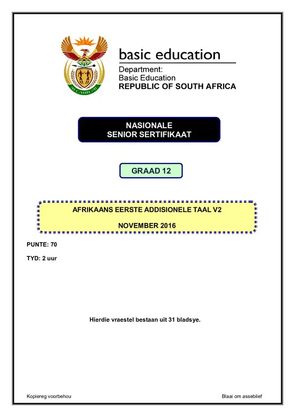 Grade 12 Afrikaans past paper 2016 – Afrikaans FAL P2