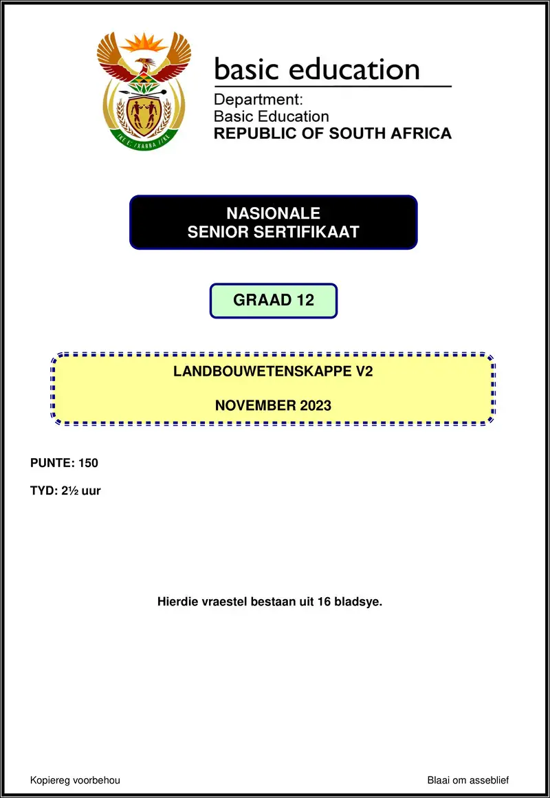 Grade 12 Agricultural Sciences past paper 2023 – agricultural sciences p2 nov 2023 afr gr12