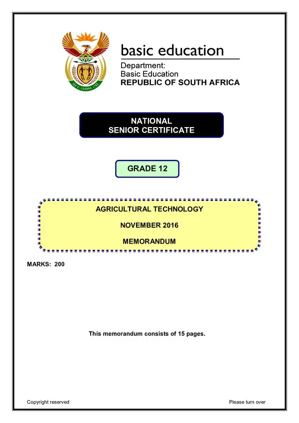 Grade 12 English past paper 2016 – Agricultural Technology Memo 1 (English)